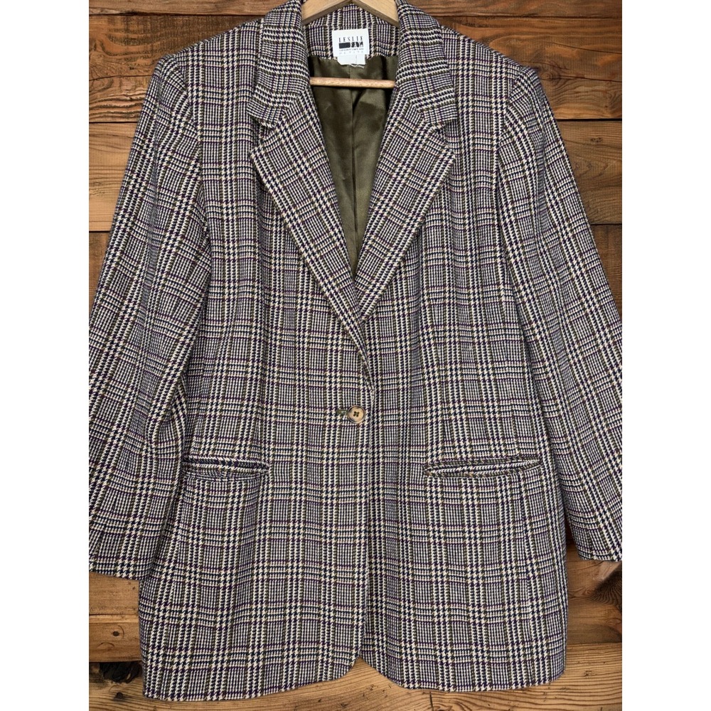 Leslie Fay Blazer Womens 16P Petite Vintage Wool Plaid Single Breasted Jacket